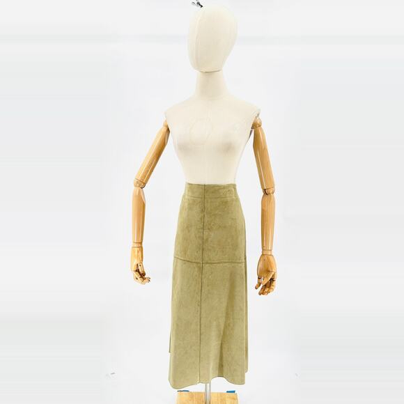 Vintage Y2K So Blue Sigrid Olsen Khaki Tan Suede Leather Midi Skirt - Picture 1 of 6